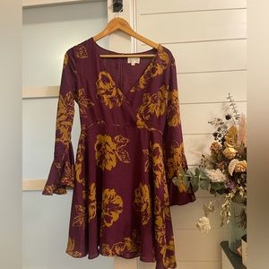 Everly Purple Gold Floral Dress With Bell Sleeves | Size Small